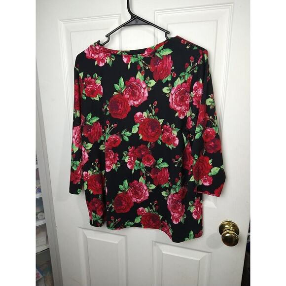Pioneer Woman M Blouse Black Red Floral V Neck 3/4 Sleeves - Picture 10 of 10